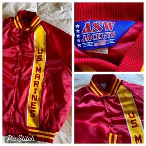 Vintage ASW U.S. MARINES 80s Jacket M Red Satin Varsity Bomber Quilt Lined Snap